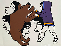 Detailed view of signed print showing a brown bear confronting a figure in Inuit clothing, with several black and white face profiles around.