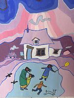 Close-up photo of the oil painting showing house, figures, and balloon detail.