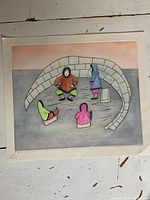 Full view of unframed print showing igloo scene with four figures