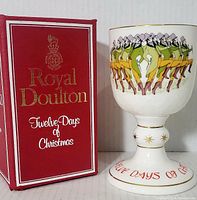Photo of the goblet displayed beside its red original box labeled 'Royal Doulton Twelve Days of Christmas'.
