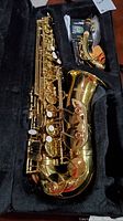 Alto saxophone body inside its velvet-lined hard case showing gold finish, keys, and red decorative gems