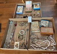 Overall view of three trays with necklaces, bracelets, watches, brooches, pins, earrings and jewelry boxes.