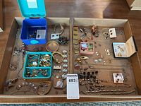 Wide shot of the assortment showing many brooches, bracelets, necklaces, earrings, and cuff links arranged inside two boxes and a small blue container.