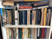 Bookshelves showing a mix of novels, history books, and travel guides with visible spines and titles including Maeve Binchy, Italy travel guide, and Scrub Wars.