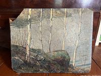 Full view of the painting showing birch trees, rocks, and landscape with visible corner damage and cracks.