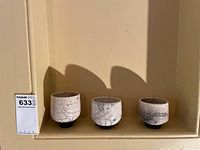 Photo showing the set of three pottery planters all with crackle glaze and black bases.