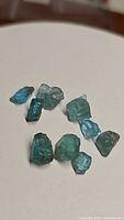 Nine rough paraiba blue apatite crystals displayed on a white surface, showing various irregular shapes and translucent vibrant blue color.