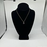 Front view of silver chain necklace displayed on black stand with heart pendant decorated with blue stones.