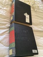 Two black hardcover Minkus Global Stamp albums stacked on a surface
