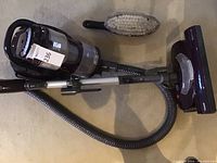 Kenmore canister vacuum cleaner with hose, large brush head, clear dust container, and attached vacuum handle, shown on carpet