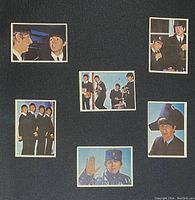 Front side of six Beatles Diary trading cards showing color photographs of the Beatles in various poses.