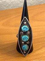 Front view of vintage Southwest ring showing three bezel-set turquoise stones arranged vertically with silver ball accents.