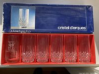 Photo of 5 Cristal d'Arques tall crystal water glasses in original box with 1 Fernie House Anniversary glass included.
