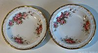 Two white fine bone china saucers with pink rose floral pattern and gold rims shown together.