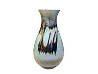 Front side view of Blue Mountain Pottery large drip glaze vase showing color and texture detail.