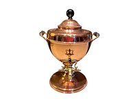 Front view of copper samovar tea urn showing body, lid, and handles