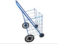 Blue wire-frame shopping cart with two large rear wheels and two smaller front wheels, shown on a white background.