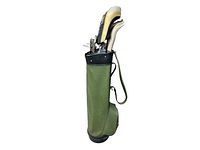 Side view of green golf bag with clubs inside.