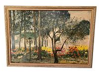 Framed impressionist oil print featuring a garden scene with trees and flowers, signed by Michele Cascella.