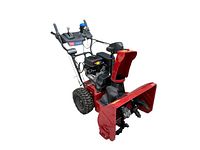 Front view showing 26" red steel auger housing with black auger blades