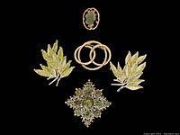 Top view photo showing all five brooches arranged on black background.