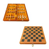 Open wooden chessboard showing pieces lined inside, chess pieces hand-carved and made of genuine ivory in light and dark colors.