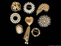 Eight vintage brooches on black background showing all designs clearly.