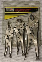 Front view of packaged 3 piece locking plier set showing all three locking pliers clearly arranged with Home Handyman label.