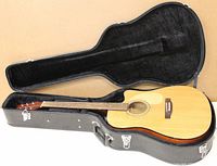 Photo showing acoustic-electric guitar inside hard black case lined with plush fabric