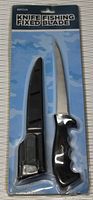 Photo of the fixed blade fishing knife packaged in plastic and card, showing the knife with sheath and handle details.