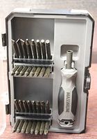 Overview of magnetic bits and driver handle organized in case