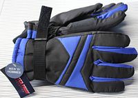 Side view of black and blue men's insulated gloves with Velcro strap and waterproof tag.
