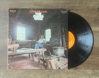 Photo showing the album cover with person sitting in wooden room and the vinyl record partially out of the cover.