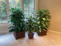 Three faux plants side by side in matching brown square planters by window