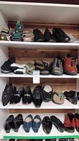 Four-shelf overview showing 20+ pairs of women’s shoes on white shelving