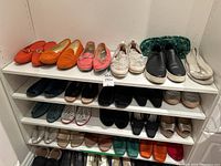 Full view of three shelves holding all pairs of size 11 women’s shoes.