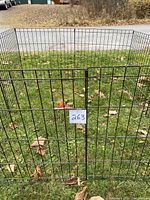 Foldable black metal square exercise pen set up outdoors, standing on grass with some fallen leaves.