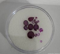Multiple loose faceted ruby and sapphire gemstones displayed in a circular clear container on a white background. Various shapes and sizes, deep red and purple hues visible.
