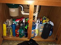 View of various cleaning supplies stored under a sink including dish soap bottles, multi-surface cleaners, spray bottles, and a roll of trash bags.