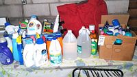 Overview of multiple cleaning product bottles, laundry detergents, sprays, and a cardboard box on a table with floral tablecloth and concrete block wall background.