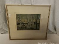 Framed print shown full view with visible mat and frame, displaying the artwork depicting a textured lake scene with trees.