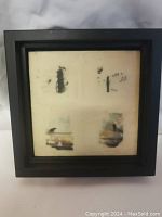 Front view of framed mixed media artwork showing four vignette sections with crows on telephone lines.