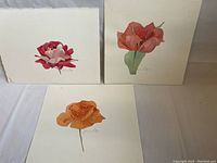 All three watercolour paintings arranged on a white surface, showing full view of flowers and paper size.