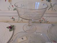 Photo of clear glass pedestal trifle bowl and partial views of flat plates on a white tablecloth in front of floral wallpaper.