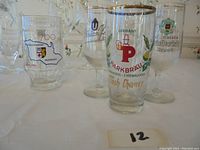Close-up of glasses showing brand markings including Sparkbräu and design elements like gold rims.