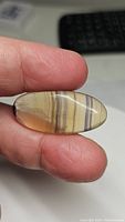 Close-up image of the oval cabochon fluorite held between thumb and index finger showing translucency, banding, and shape.