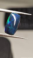 Close-up photo of elongated cushion-shaped black opal gemstone showing deep blue color with green and orange flashes held in tweezers.