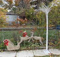 Full outdoor lot showing wire framed reindeer and sleigh set measuring approximately 2 feet tall, placed beside a tall white pre-lit birch tree.