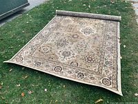 Area rug on grass, showing full length and floral design.