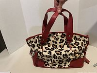 Front and side view showing the animal print fabric and red leather handles and base of the bag.